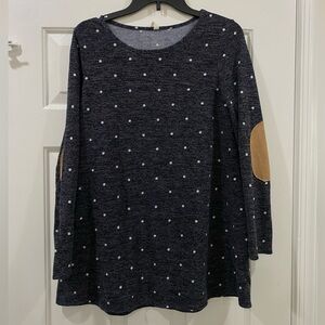 PINKBLUSH GRAY POLKA DOT LONG SLEEVE W/ BROWN ELBOW PATCH- LARGE